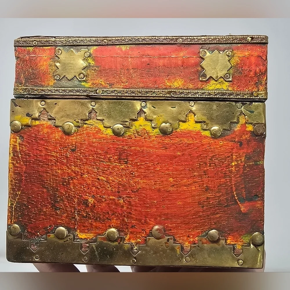 Handmade Pier 1 India Decorative Brass Wood Hinged Trinket Stash Box